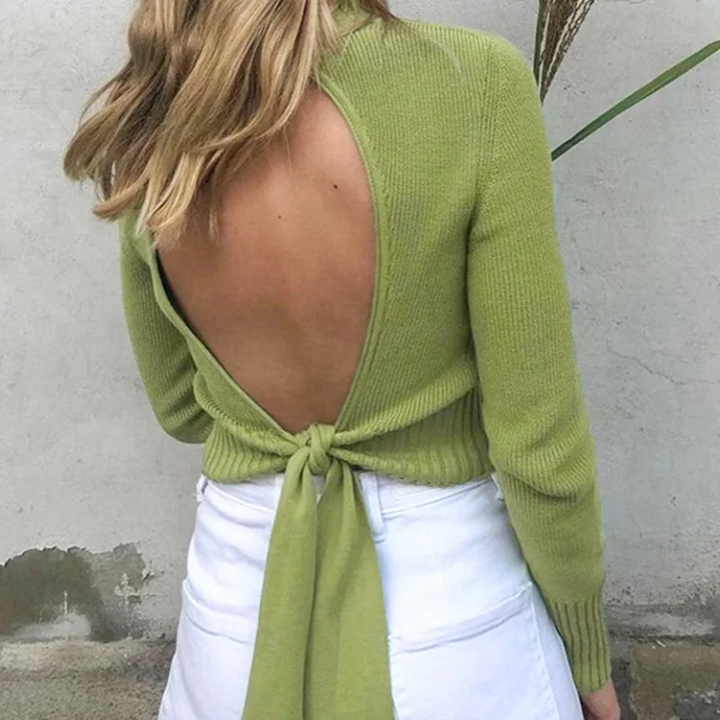 

Knitted Women's Sweater Mock Neck Backless Long Sleeve Lace Up Female Pullover Sexy Streetwear Solid Slim Ladies Short Sweaters