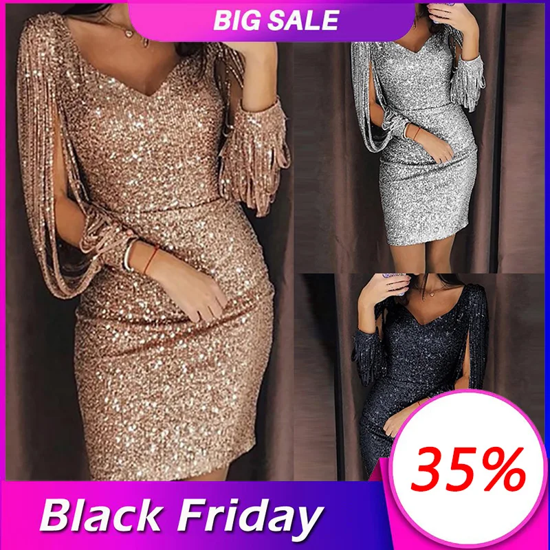 Women Sexy Dress Solid Sequined Stitching Shining Club Sheath female lightweight Long Sleeved Mini 2019 Hot Sale | Женская одежда