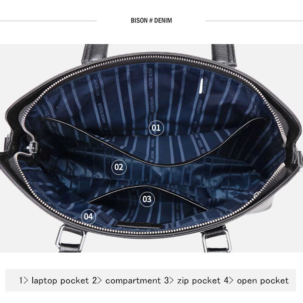 Bison Denim Black Business Casual Men Briefcase Bag Genuine Leather Cowskin Handbag  Large Capacity Laptop Messenger Bags