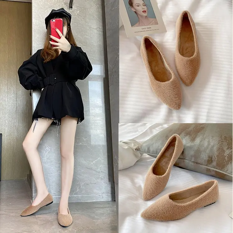 

Женские слипоны на плоской подошве, Женская замшевая обувь с острым носком, женская повседневная короткая плюшевая обувь для дома, женская ...