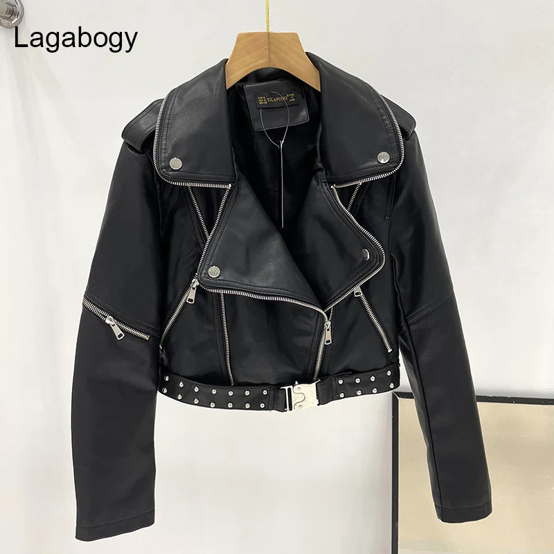 

Lagabogy New Spring Autumn Women Faux Leather Jacket Soft PU Moto Biker Coat Female High Quality Zipper Rivet Punk Outwear