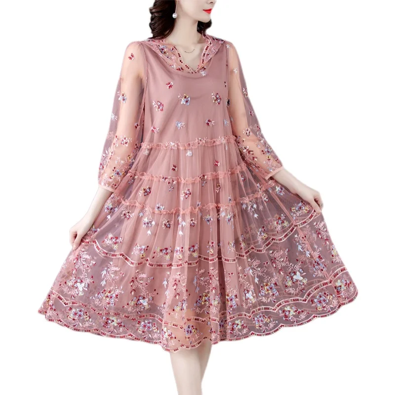 Women Loose Red Floral Mesh Embroidery Midi Dress 2021 Summer Vintage 5XL Plus Size Casual Dress Elegant Bodycon Party Vestidos