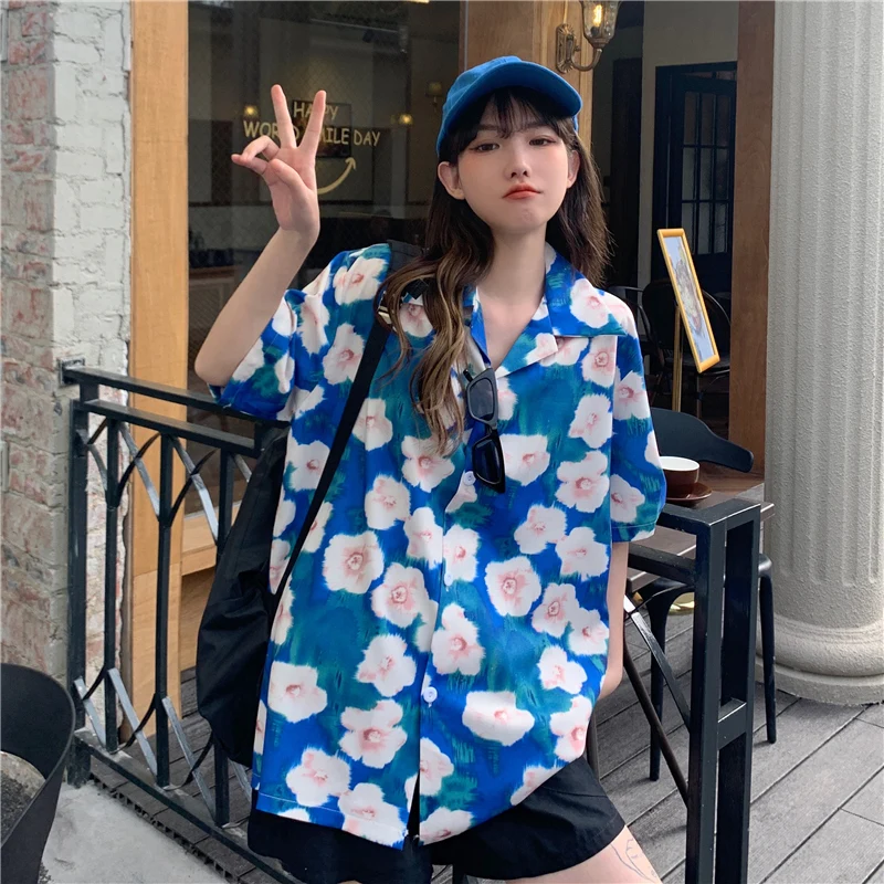 

Houthion Chiffon Loose Women's Blouses New Casual Blouse Fashion Short Sleeve Top Buttons Flowers Polo Shirt Summer