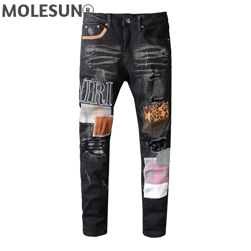 

famous brand Male pant jeans Men's Trousers jeans High Street Patch Ripped Hole black Slim Elastic Pants Jeans for man 615