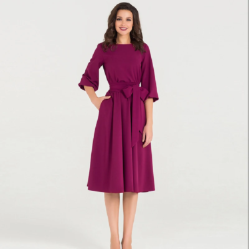 

Summer Autumn Women Dress 2020 Solid Color High Waist Ladies Midi Dresses Casual Puff Sleeve Vintage Dress Women