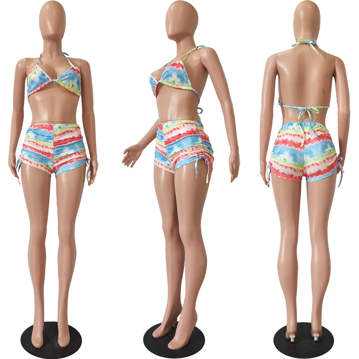 

2021 Summer Tie Dye Print Beach Lace UP Two Piece Set Women Sexy Tra Top Drawstring Shorts Swimwear Suit Night Club Outfits