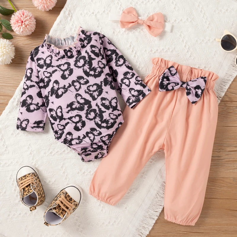 

3Pcs Baby Outfits Butterfly Print Stand-Neck Long Sleeve Romper + Elastic Waist Pants + Headband for Toddler Girls 0-24 Months