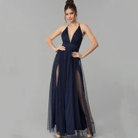 2021 sexy deep v neck navy blue prom dresses a line both side slit spaghetti strap backless sleeveless for women evening gown