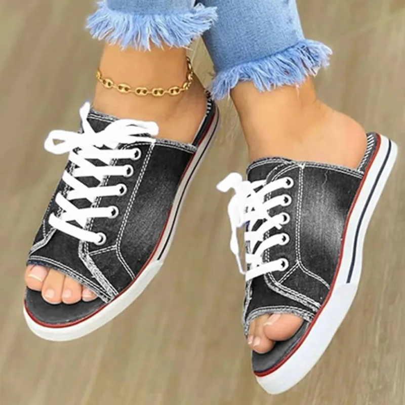 

Женские парусиновые туфли на плоской подошве, женские повседневные пляжные туфли из денима на шнуровке с открытым носком, модель 35-43, 2021