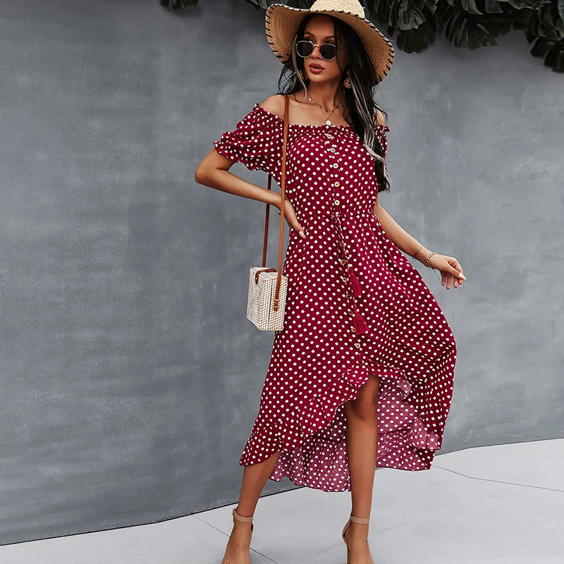 

2021 Summer Women Dress Retro Dot Polka Sexy Off Shoulder Irregular Hem Female Dresses Elegant Ladies Short Sleeve Ruffles Dress