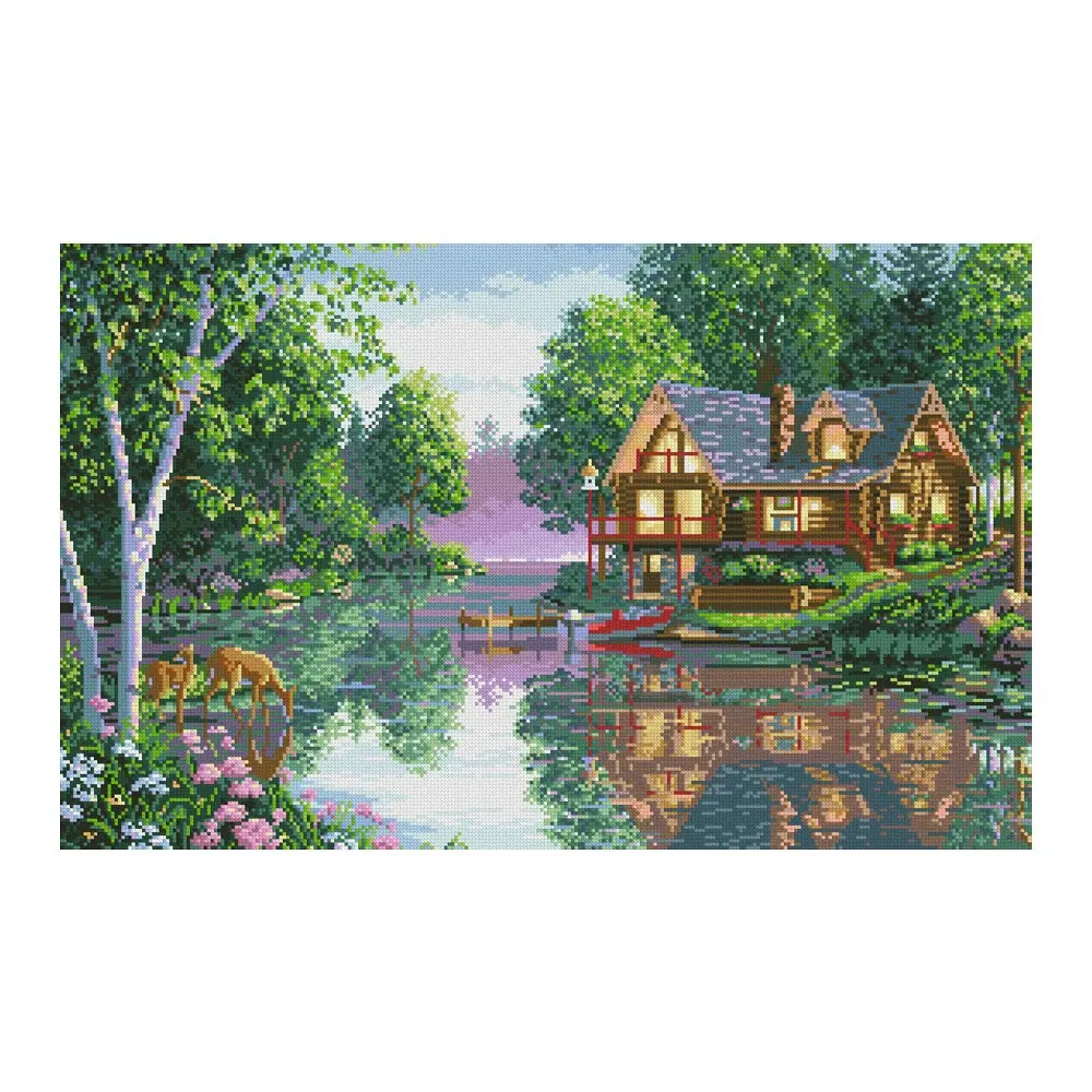 

Idyllic Forest Wooden House Lake Diamond Painting Round Full Drill DIY Mosaic Embroidery 5D Cross Stitch Scenic Picture