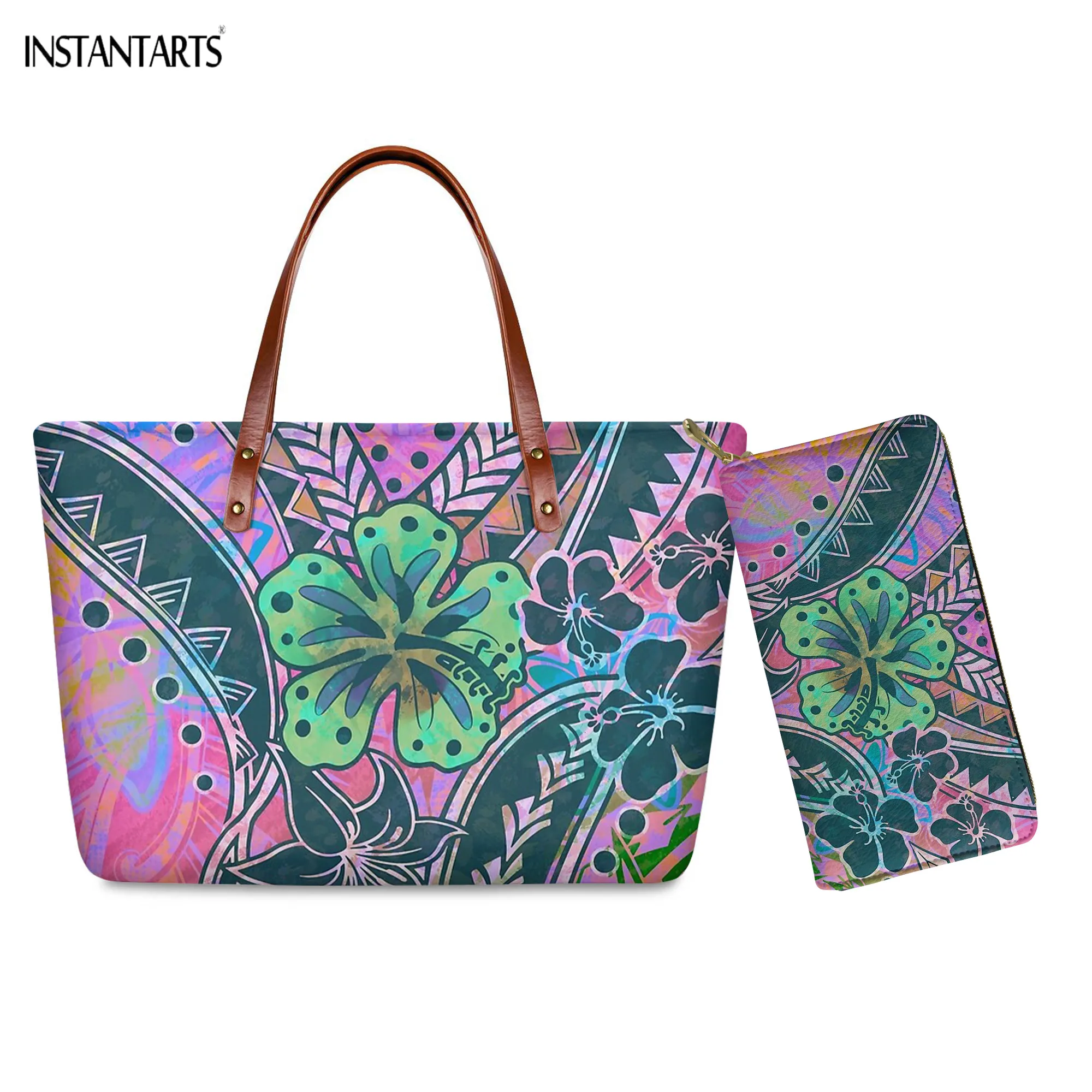 

INSTANTARTS градиент Гавайский принт гибискуса женская сумка модные сумки с верхней ручкой, Для женщин большая сумка-тоут Сумки из натуральной к...