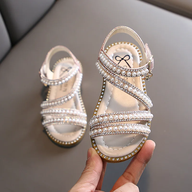 

Girl Casual Sandals Summer Fashion Kids Baby Bling Rhinestone Princess Single Sandals For Little Children's Silver Beading Shoes