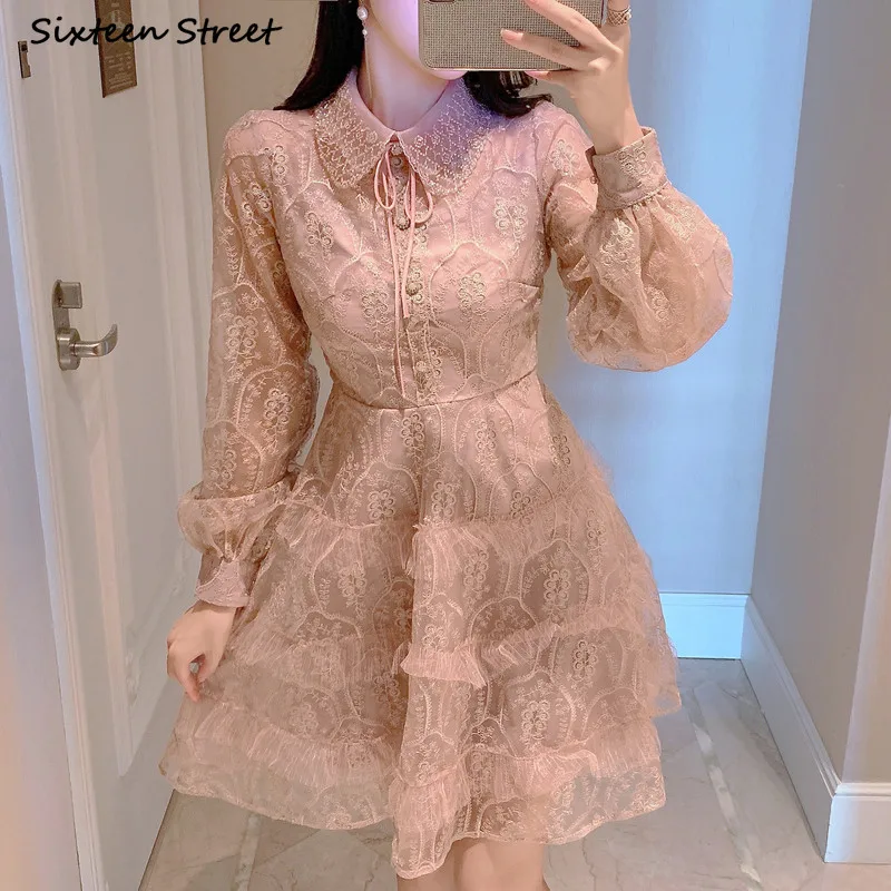 

Женское Сетчатое платье с вышивкой, розовое облегающее платье с отложным воротником, элегантное лоскутное вечернее мини-платье, женская мо...