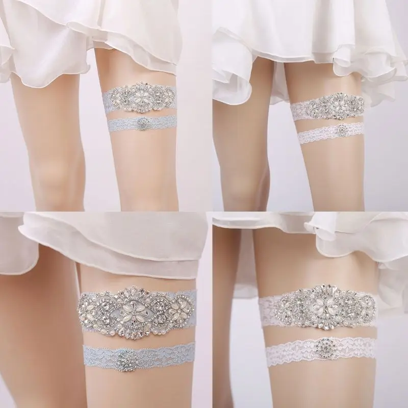

2Pcs/Set Women Bride Wedding Lace Leg Garter Rhinestone Bead Thigh Ring Stretchy