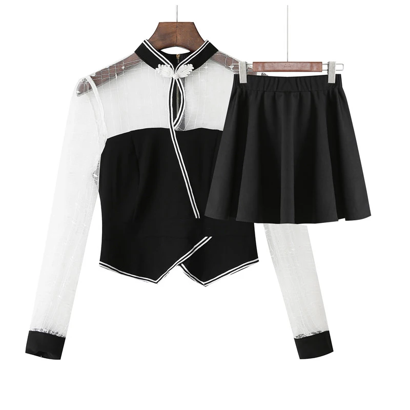 

Summer Women's Two-piece Set Chinese Style Hollow Lace Stand-up Collar All-match Set New Slim Slimming Female Sets GX157