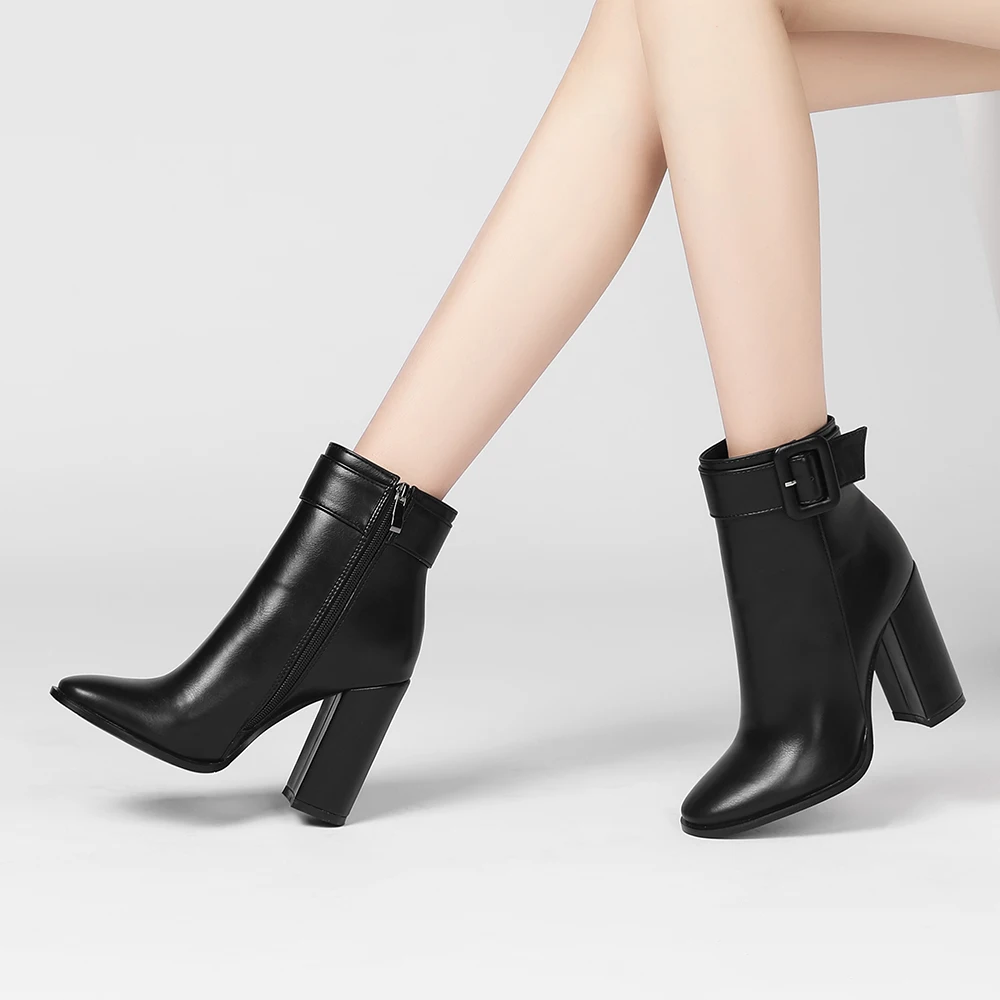 

Belt Buckle Round Head Comfortable Casual All-Match Boots Side Zipper Ladies Ultra-High Thick Heel Beige Short Plush Ankle Boots