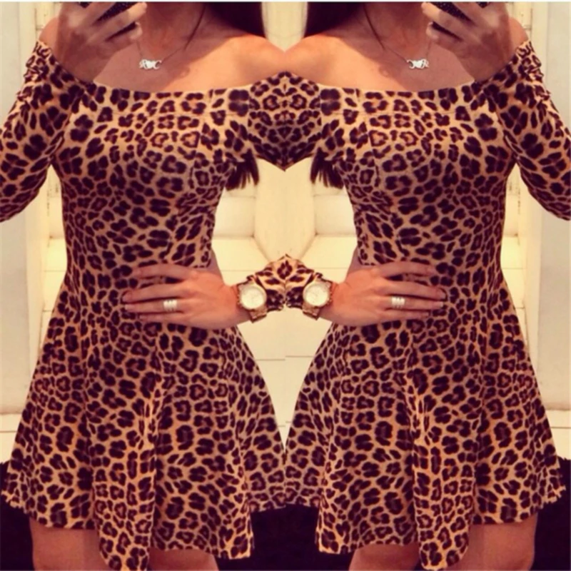 

Sexy Off Shoulder Leopard Dresses Women Spring Autumn Pleated Dress Female Long Sleeve Casual Waisted Dress Clubwear Vestido