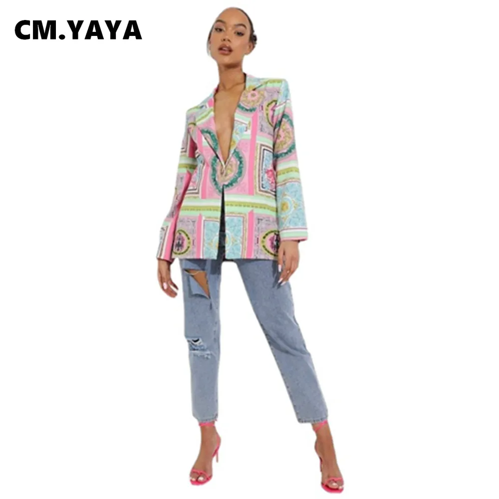 

Женские блейзеры с принтом CM.YAYA, свободные прямые блейзеры с длинным рукавом, английским воротником, на одной пуговице, модная Офисная Женск...