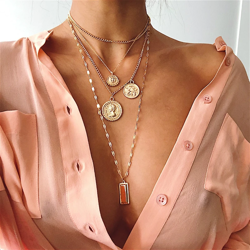 

Bohemian Multi-layered Neckalces Jewelry Women Gold Color Geometric Round Vintage Coin Pendant Chain Necklace Collier Femme