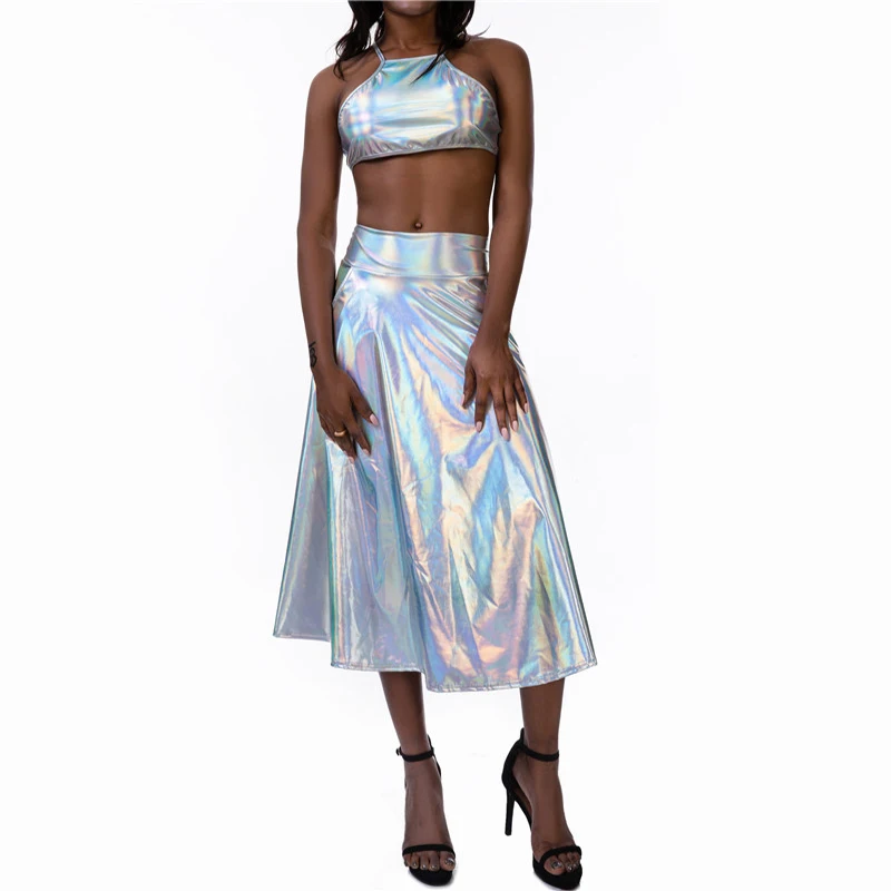 Shiny Holographic Two Piece Set Women Halter Criss Cross Bandage Crop Top Wet Look Sexy Long Skirt Party Night Club 2 Pcs Outfit | Женская