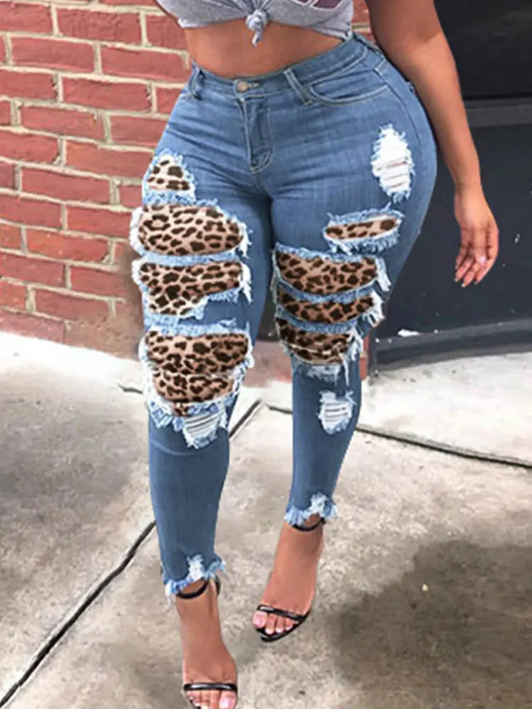 Plus Size Sexy Leopard Patchwork Ripped 