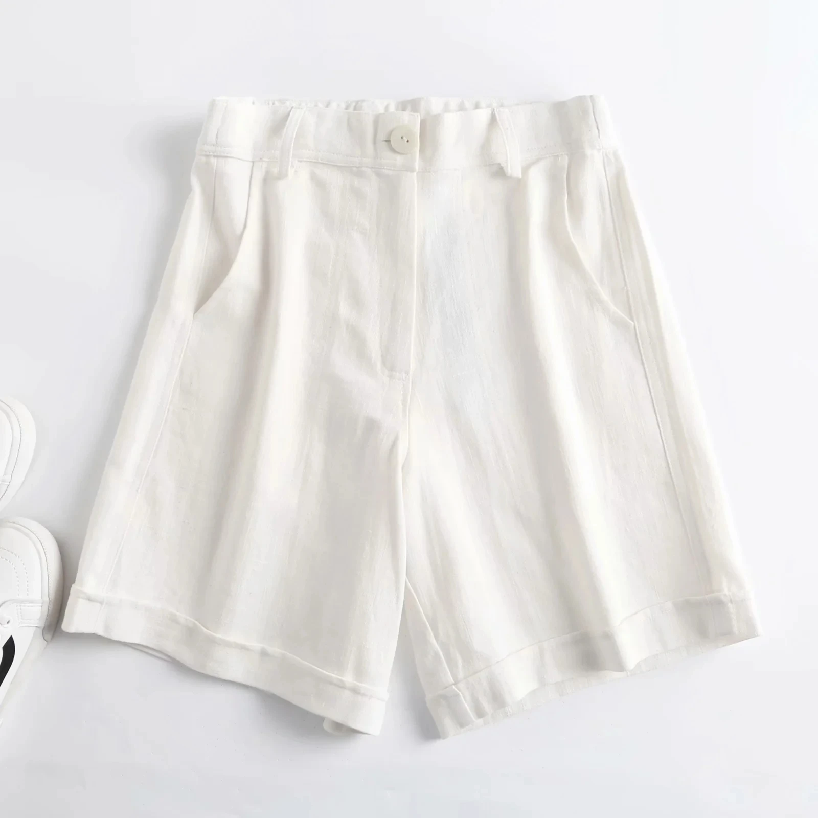 

Jenny&Dave Bemuda Women Short Enlgand Office Lady Fashion Simple Solid Linen Loose Summer Shorts Women Casual Short Feminino
