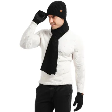 

New Arrivals Men Women Winter Warm Hats Scarves Gloves Set Knitted Plus Velvet Solid Beanie Hat Scarf Touch Screen Gloves 2020