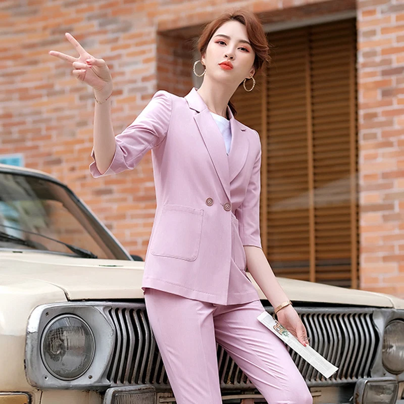 

Formal OL Styles Women Business Suits Half Sleeve Spring Summer for Ladies Office Professional Pantsuits Blazers Set