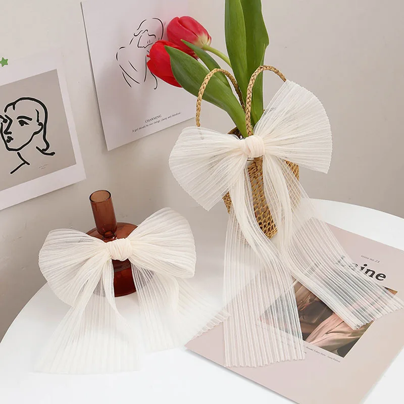 

White Oversize Bow Hairpin Long Lady Wedding Party Girls Spring Clip Net Yarn Bowknot Ribbon Hair Clip Tassel Hair Accessories