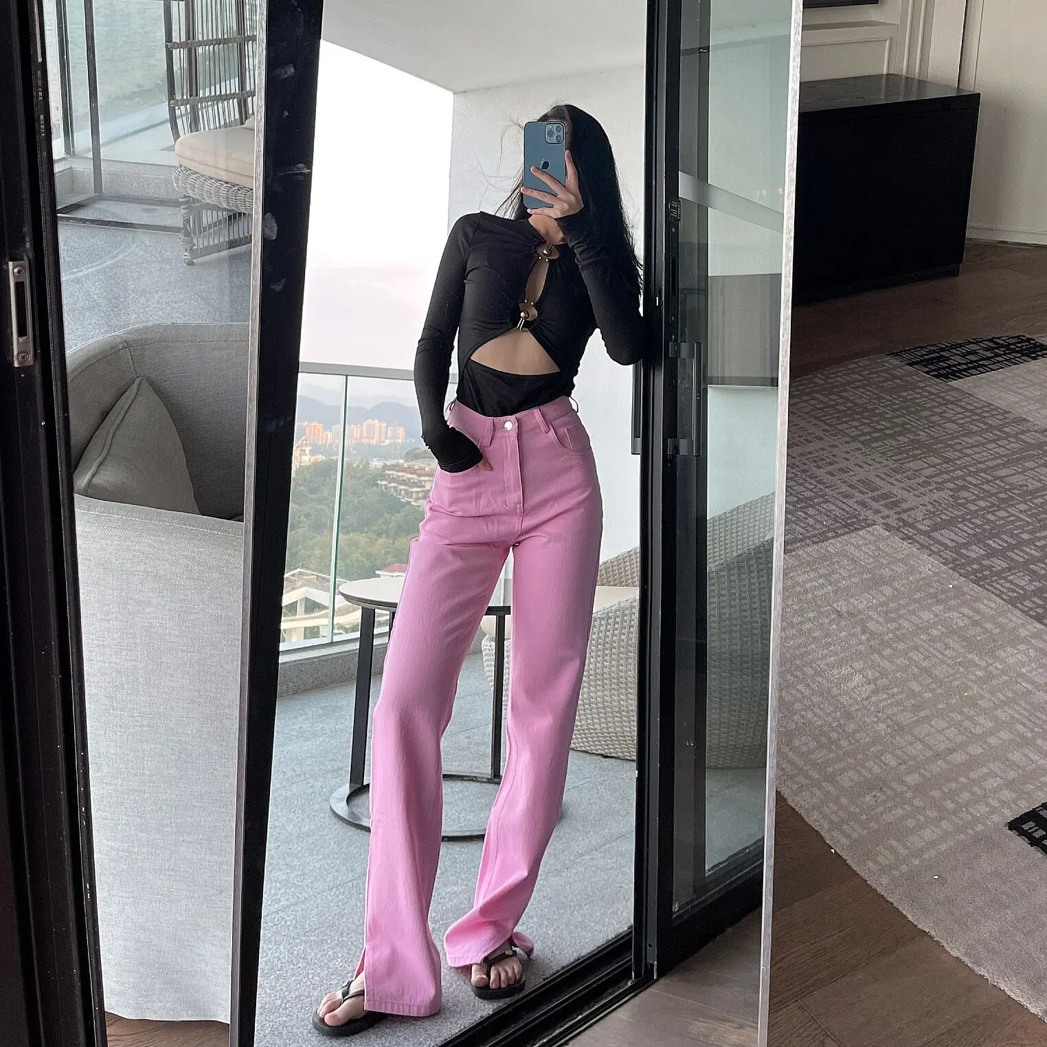 

Pink Jeans Woman 2021 Summer High Waist Baggy Femme Denim Trousers Split Pants Pantalones De Mezclilla Skinn Straight Leg Y2k