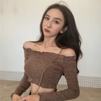 sexy one line collar top women short off shoulder slim top women long sleeves european and american womens solid color