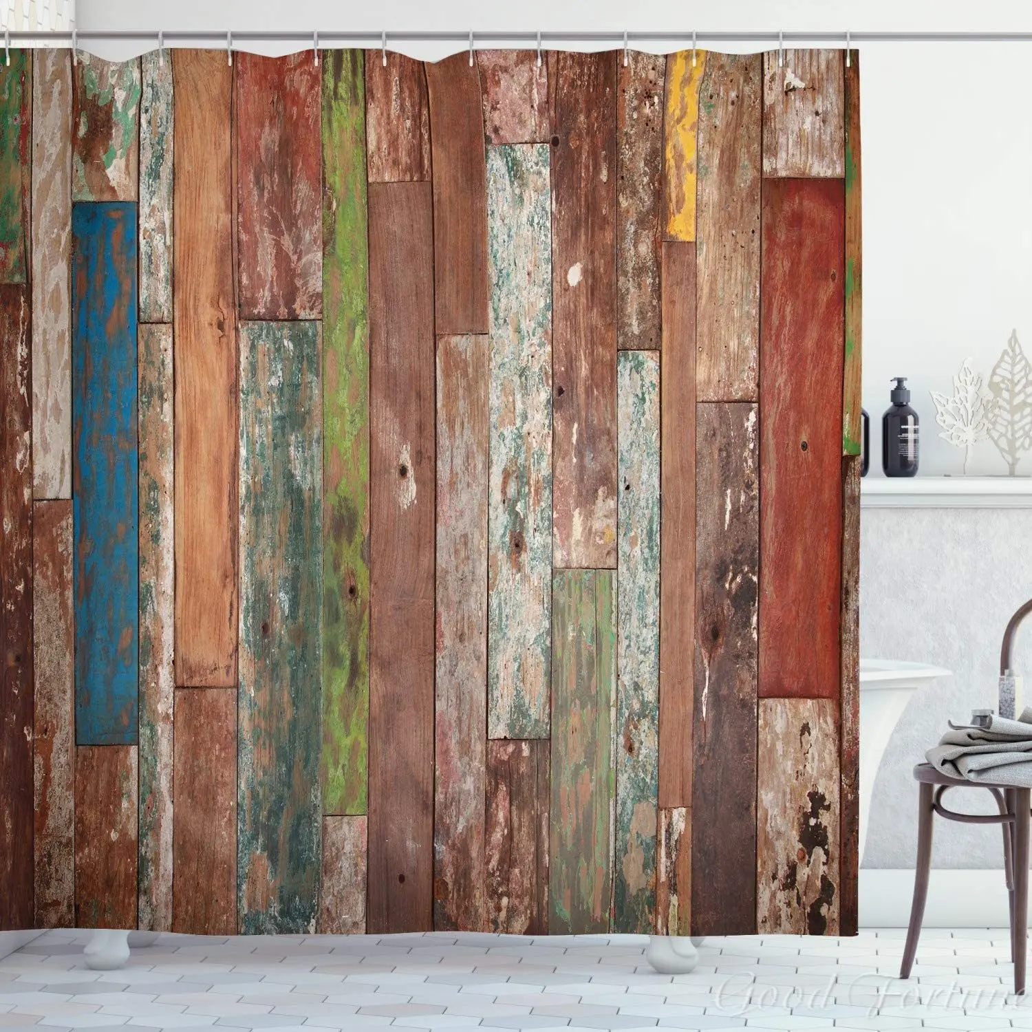 

Rustic Shower Curtain Style Planks Weathered Old Look Vintage Illustration Architecture Theme Bathroom Decor Set With Hooks