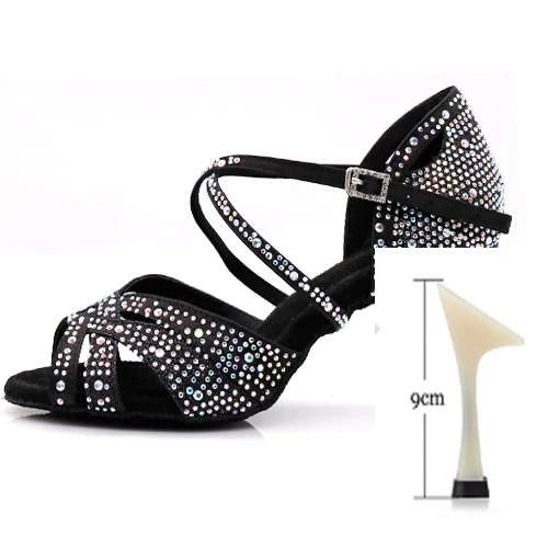 black heel 9cm WUXIJIAO доступно в черном и белом цвете, кроссовки женские танцевальные туфли для джаз, сальса Латина Танцы обувь квадратный Обувь для танцев со стразами свежий Цвет - Цвет: black heel 9cm