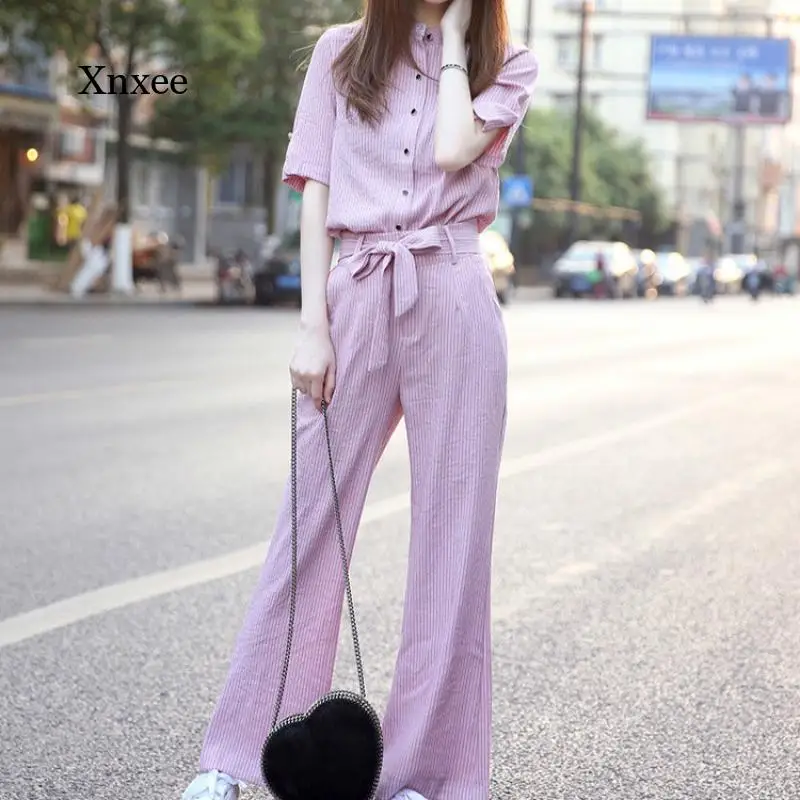 

2021 Summer Women's Two-Piece Suit Short-Sleeved Top Shirt and Wide-Leg Pants Pants Office Suit Casual Two-Piece Ladies Clothing