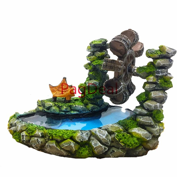 

Resin Aquarium Decorations Vintage Style Landscape Waterwheel Bubbles Stone Fish Tank Aquariums Creative Ornament Windmill