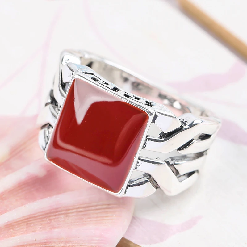 

Classic Square Red Stone Rings for Men Vintage Silver Color Wedding Chunky Finger Ring Male Party Jewelry Anniversary Gift
