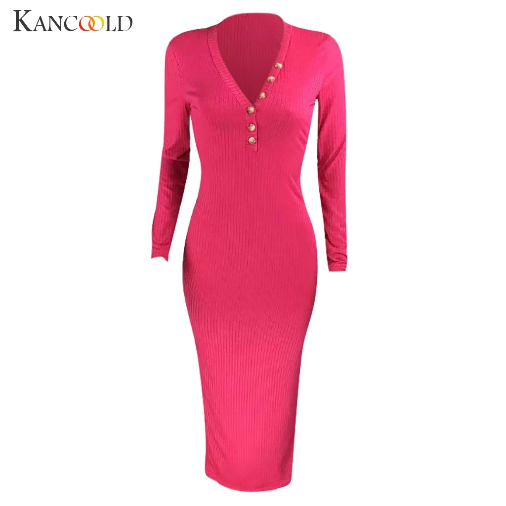 Платье KANCOOLD модное женское повседневное однотонное платье с длинным рукавом