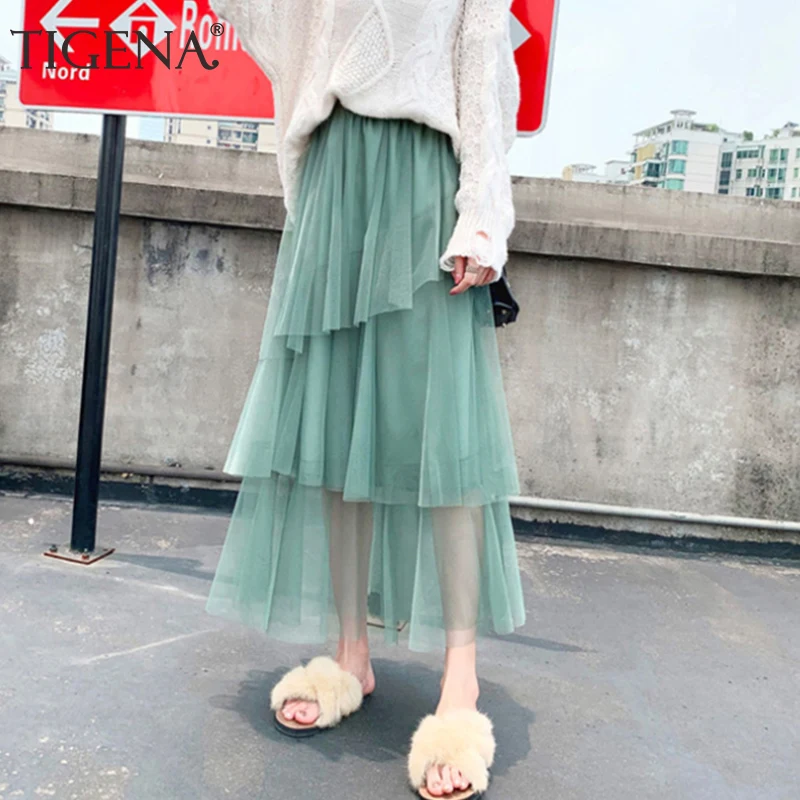 Женская длинная плиссированная юбка TIGENA макси из тюля с высокой талией в