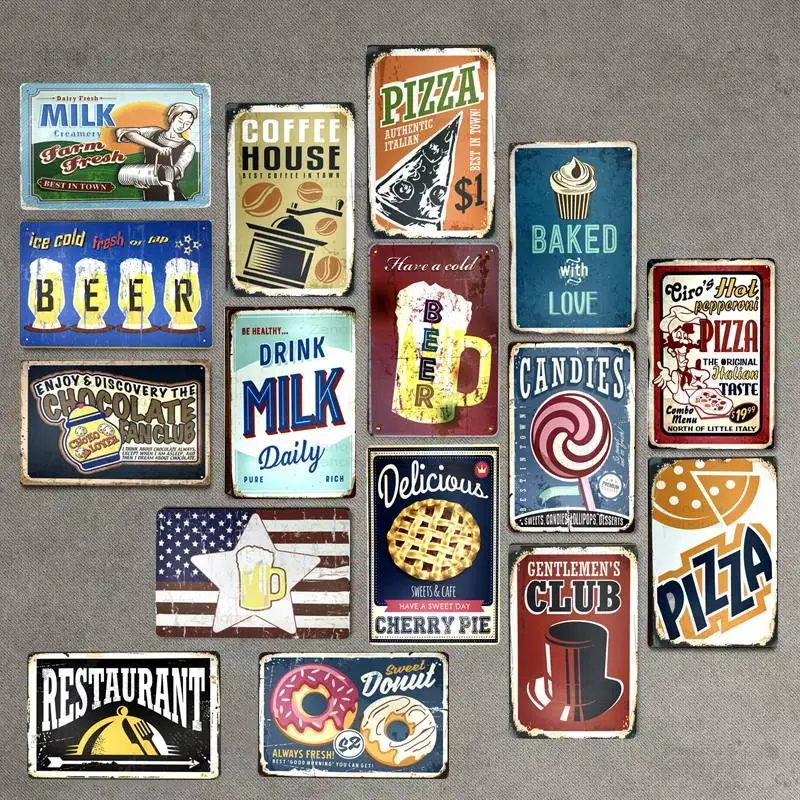 

FOOD DRINK BEER CANDIES PIZZA Retro Plaque Metal Tin Signs Cafe Bar Pub Signboard Wall Art Poster Decor Vintage Nostalgia Plates