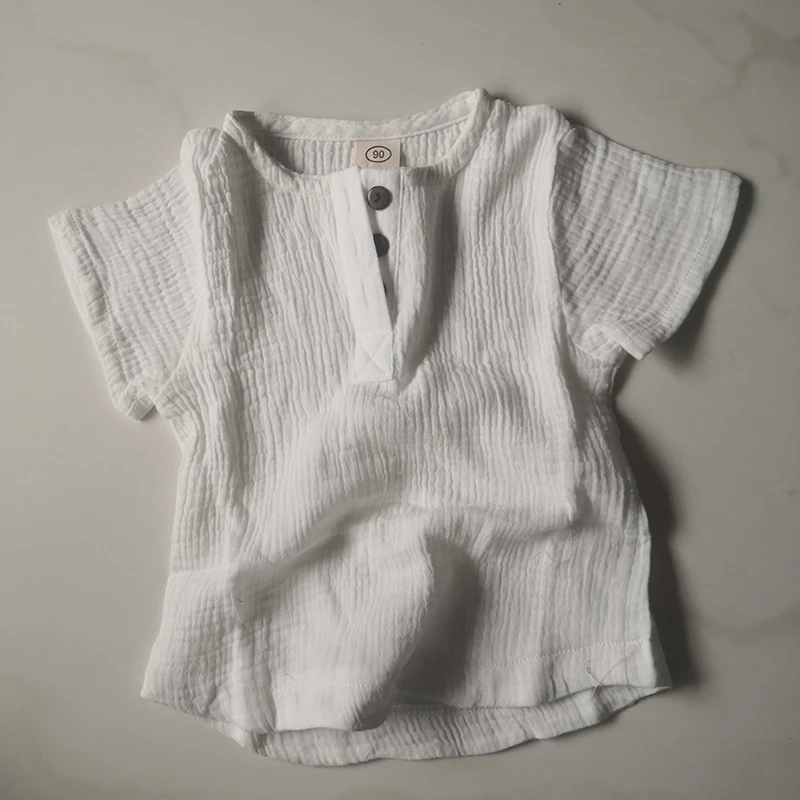 Футболка для мальчиков льняной дышащий топ с коротким рукавом однотонная