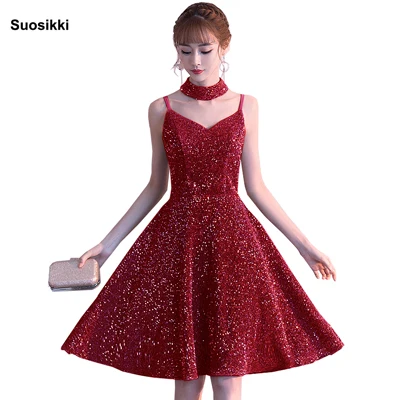 Красный Горячие продажи Коктейльные Вечерние платья Короткие Vestido de Festa Мини сексуальное платье с аппликацией v-образным вырезом бисером жемчуг - Цвет: Красный