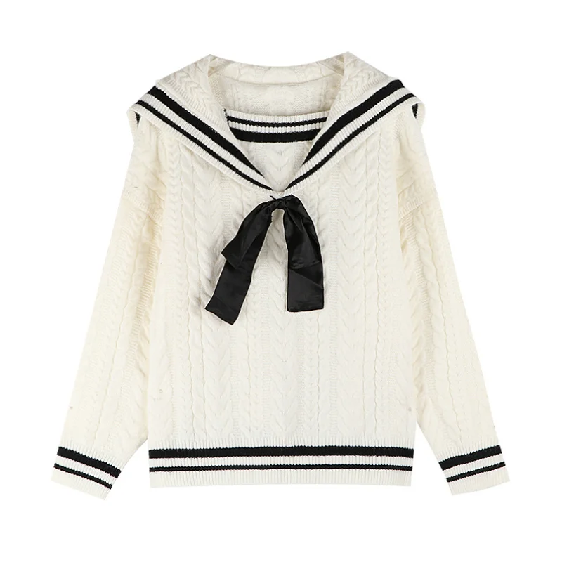 

Sweaters For Women Fashion 2020 Winter Long Sleeve Turndown Collar Lace Up Knitted Pullover Preppy Style Girly Basic Sweet Top