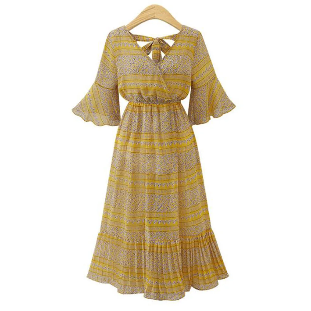 Женское шифоновое платье с цветочным принтом черное желтое длинное пляжное миди