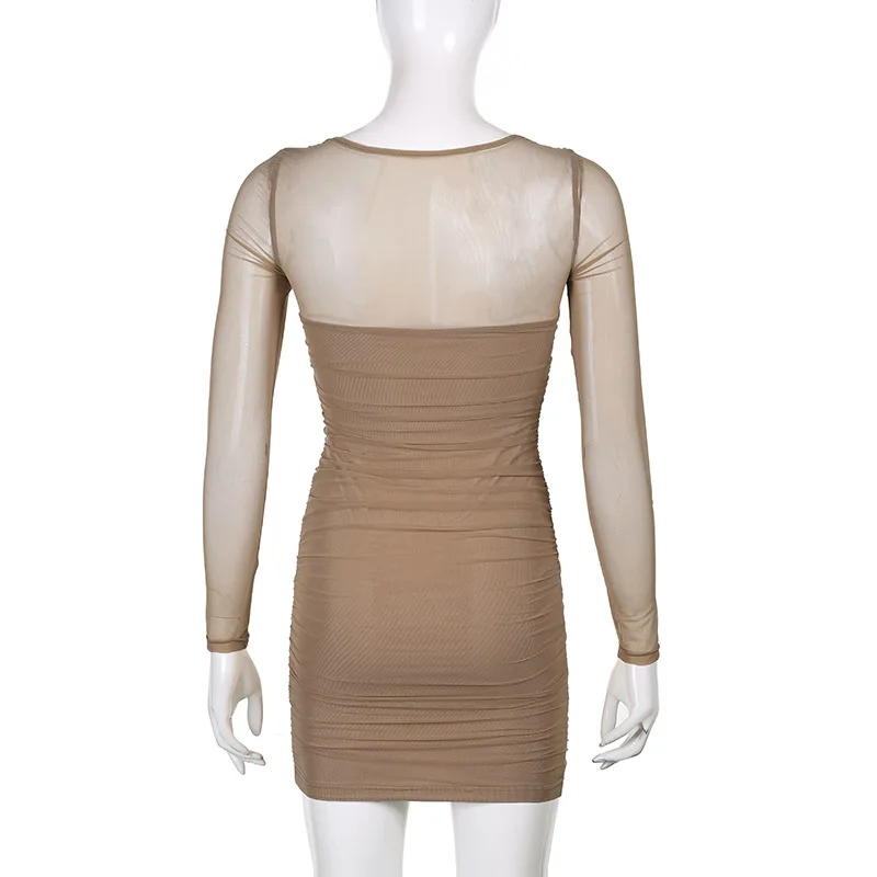 

Sexy Elegant Mesh Dress See Through Long Sleeve Square Neck Ruched Bodycon Dress Party Dresses Purplelano