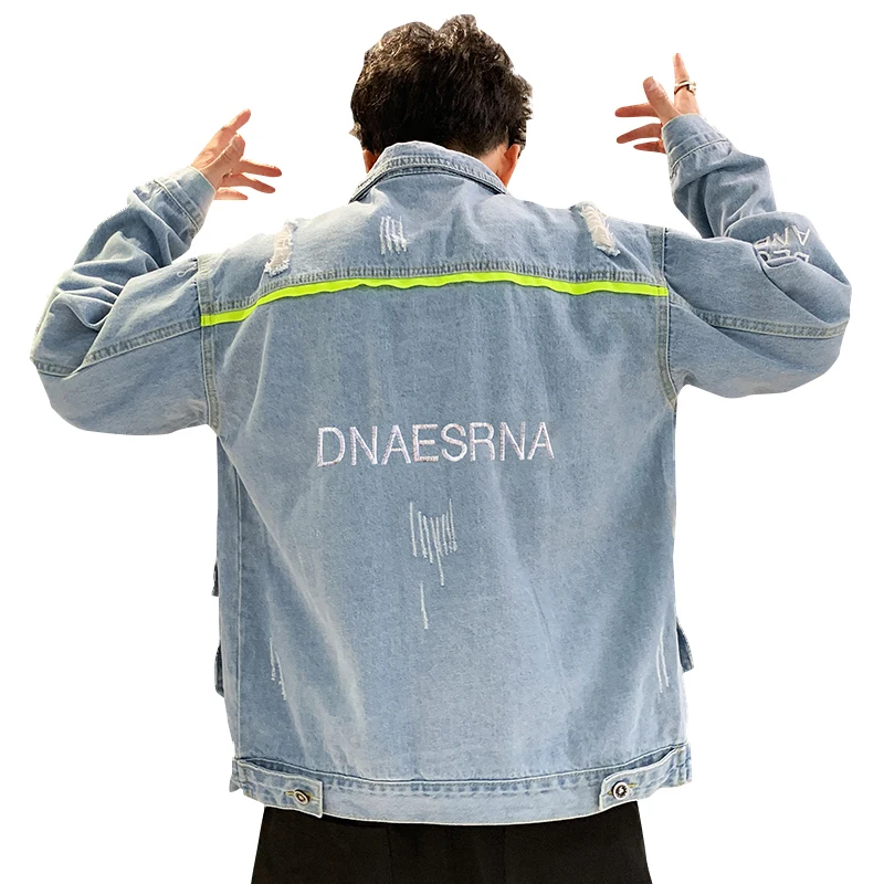 

High quality Bomber Denim Jacket Men'S Ripped Holes Blue Jean Jackets New 2020 Autumn/Spring Garment Washed Mens Denim Coat