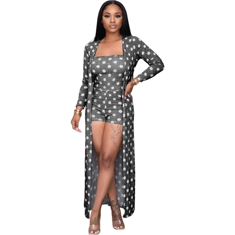 

Women Sexy Polka Dot Strapless Short Jumpsuit with Long Sleeve Coat Solid Two Suits Street Casual Fashion Comfortable and Soft