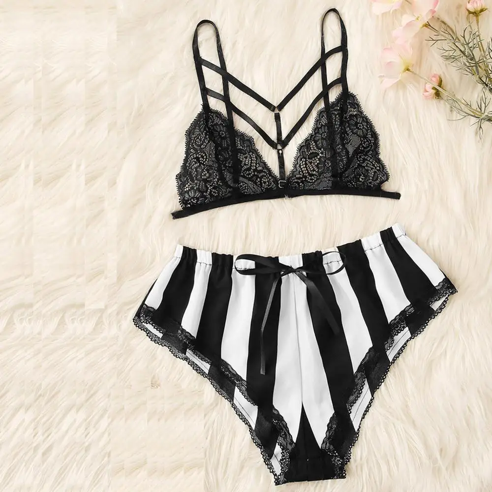 Женское ночное белье размера плюс женский сексуальный полосатый кружевной