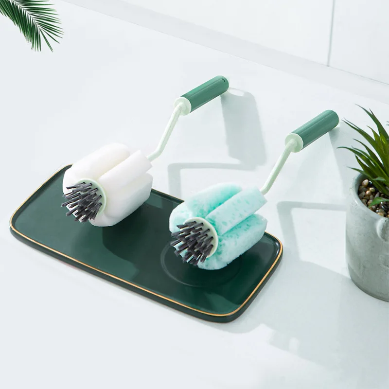 

Rotary Cup Washing Brush No Dead Angle Cleaning Bottle Cup Brush Simple Color Contrast Long Handle Rotary Sponge Cup Brush