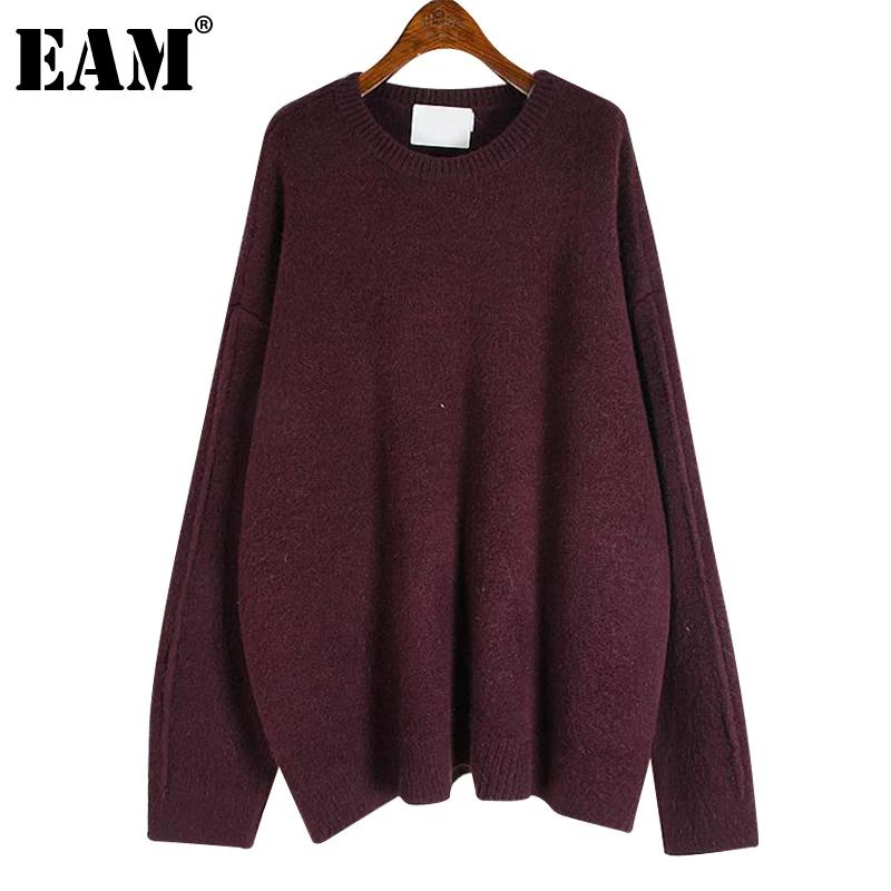 

[EAM] Wine Red Big Size Knitting Sweater Loose Fit Round Neck Long Sleeve Women Pullovers New Fashion Autumn Winter 2021 1DE4139